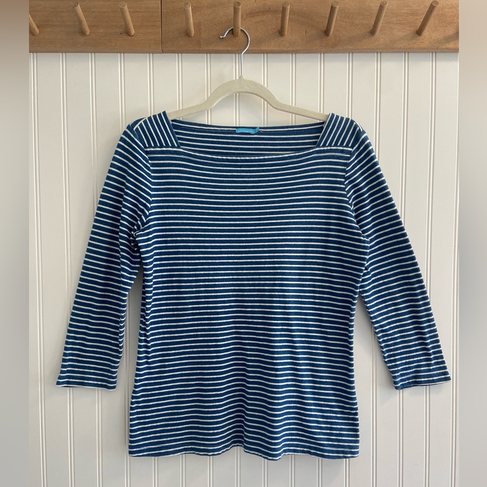 J. McLaughlin Striped 3/4 Sleeve Coastal Nautical Blue White Textured Cotton T M